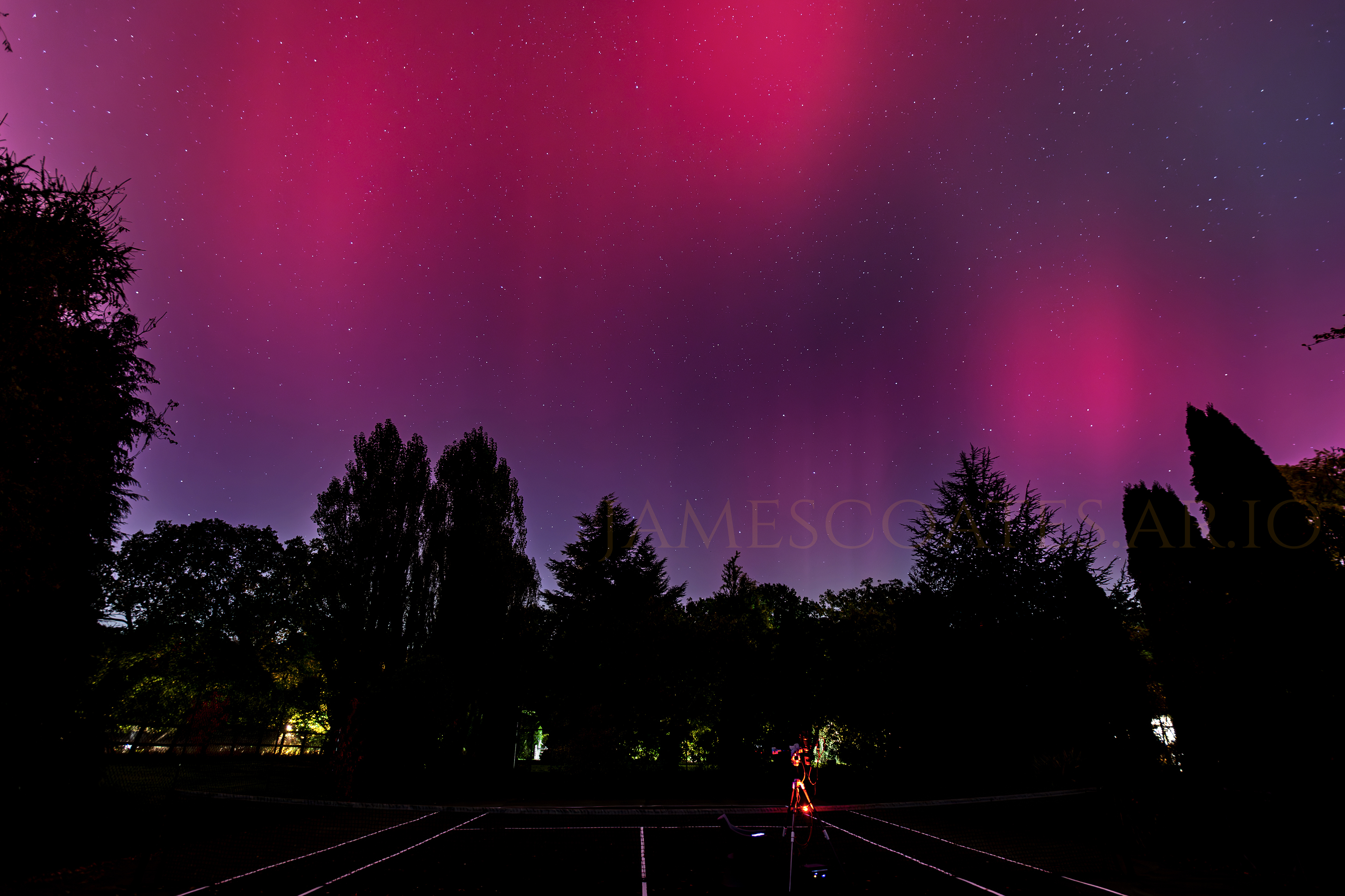 An aurora above the treeline with the imaging equipment silhouetted in the foreground