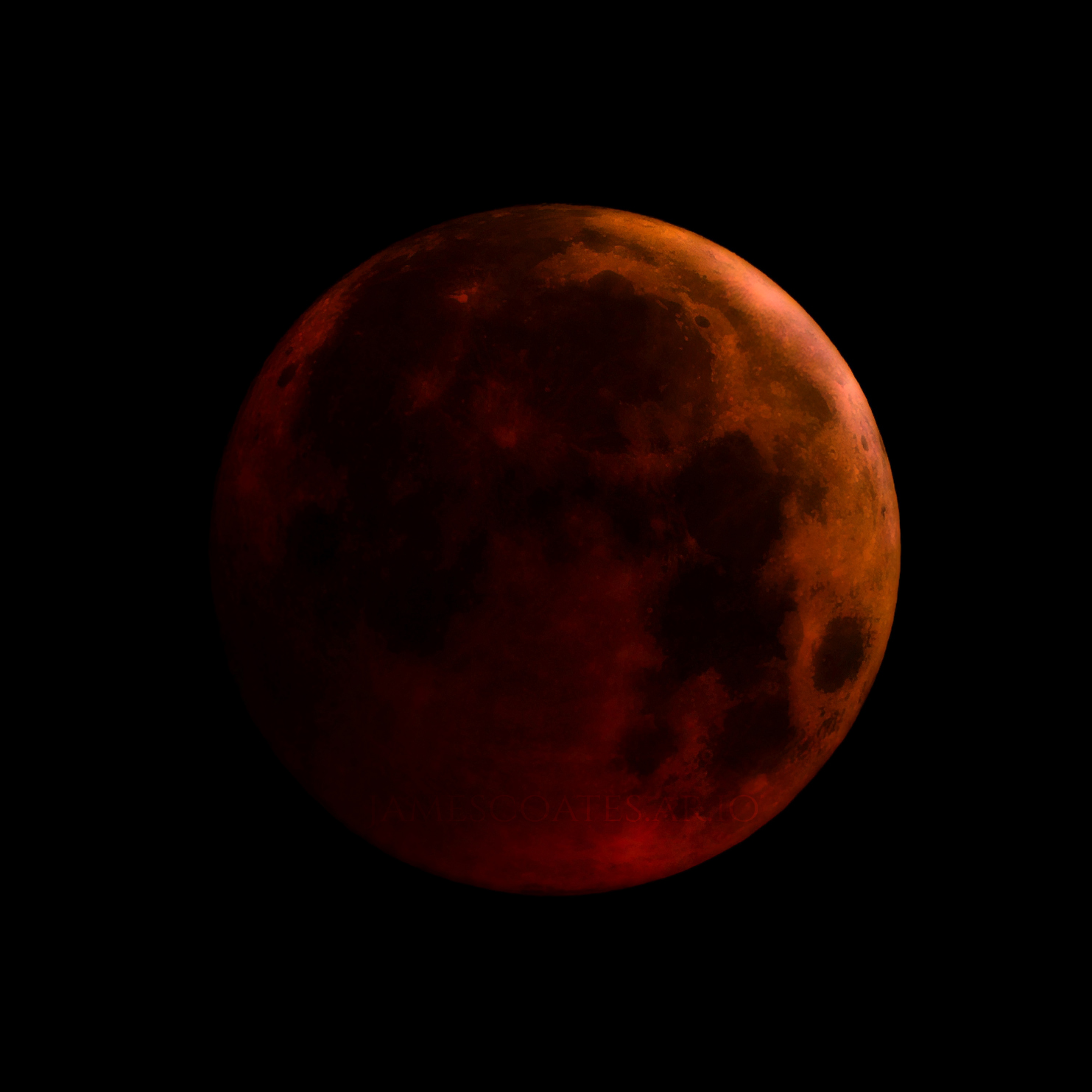 The Moon during a total lunar eclipse, lit deep copper red by sunlight refracted through the Earth's atmosphere
