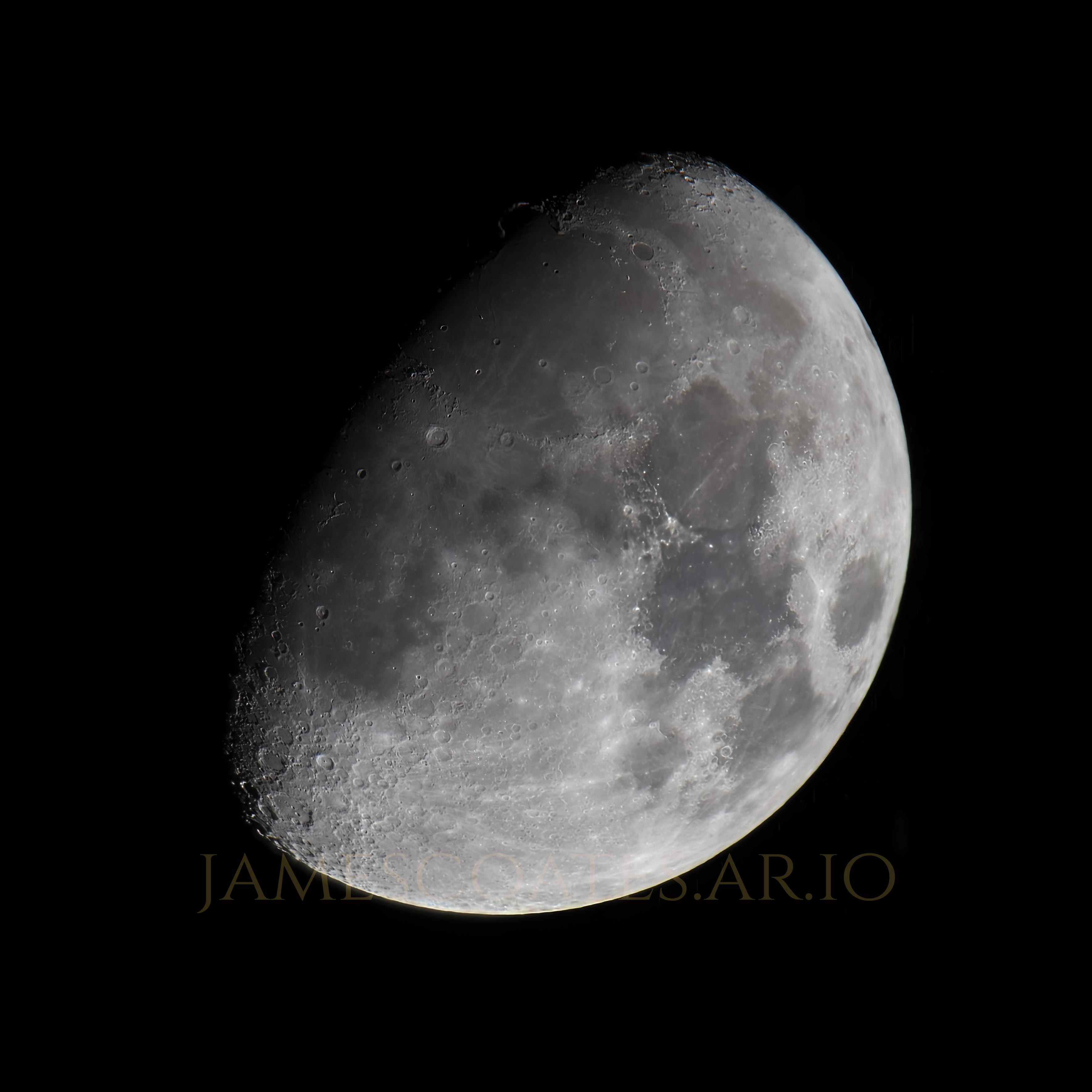 The Moon at 74 per cent illumination, craters thrown into relief along the terminator
