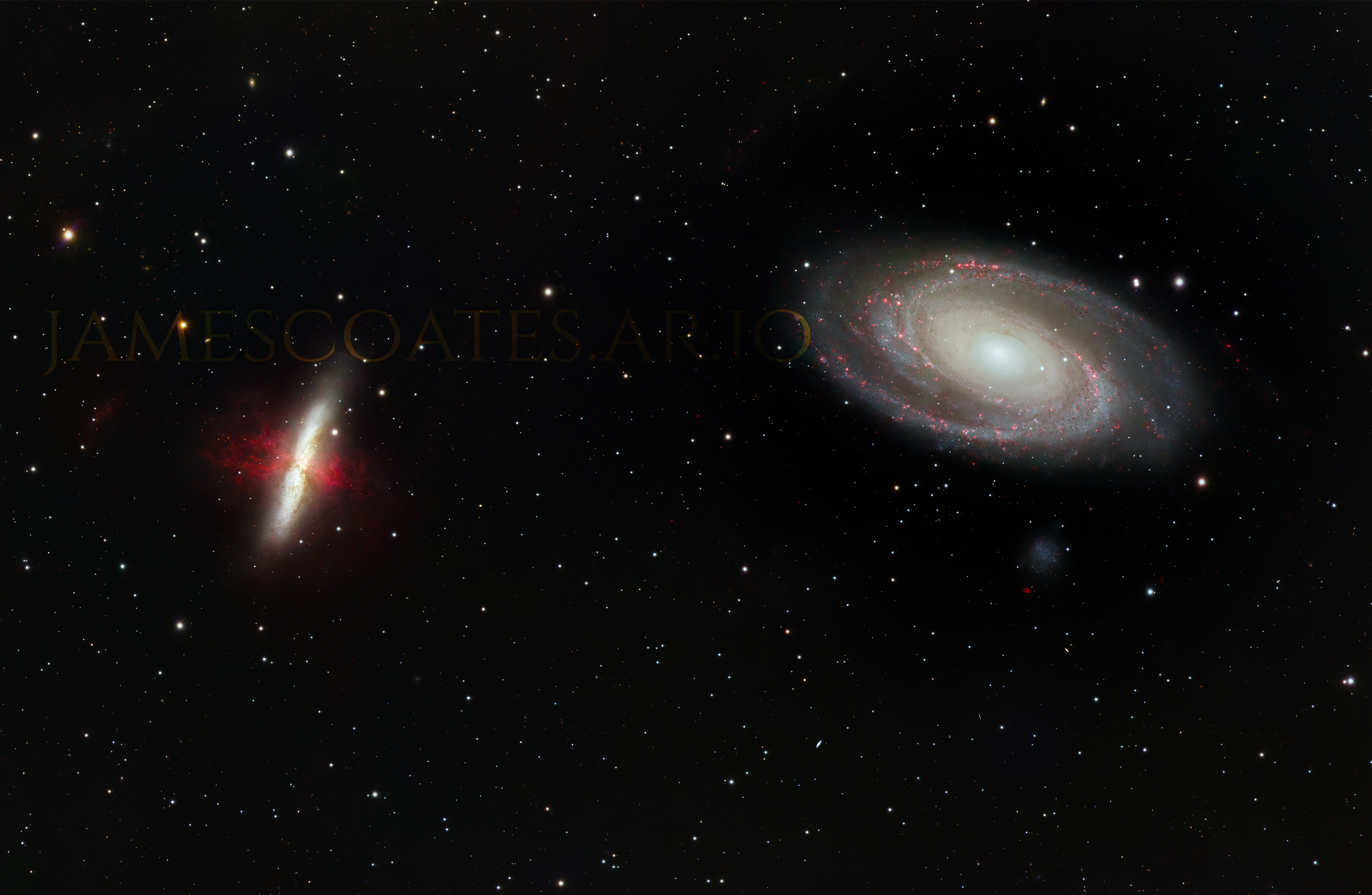 Bode's Galaxy and the Cigar Galaxy in one frame, a grand design spiral beside an edge-on starburst galaxy in Ursa Major