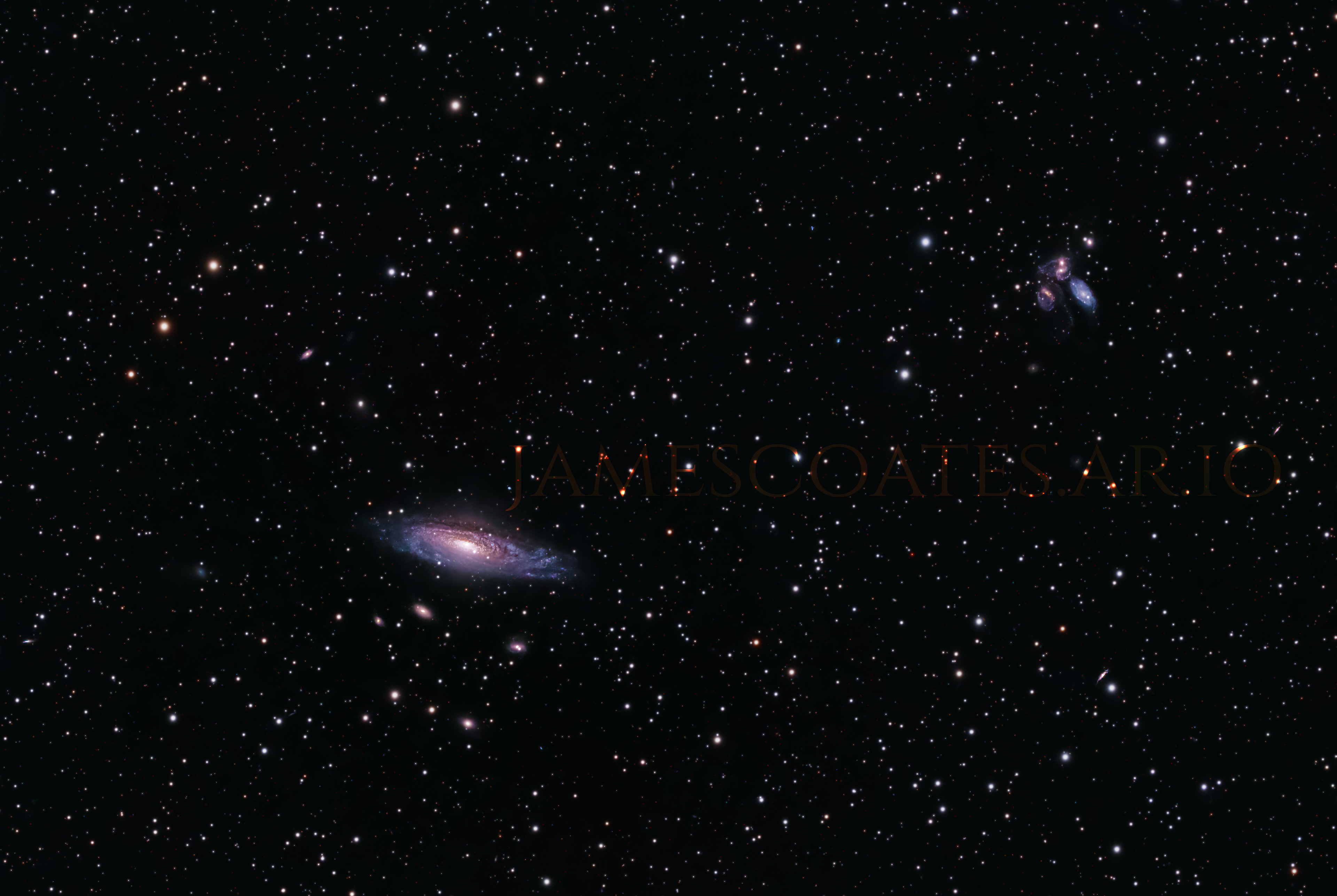 NGC 7331, a spiral galaxy in Pegasus seen at a steep angle, with the fainter companion galaxies of the Deer Lick Group nearby